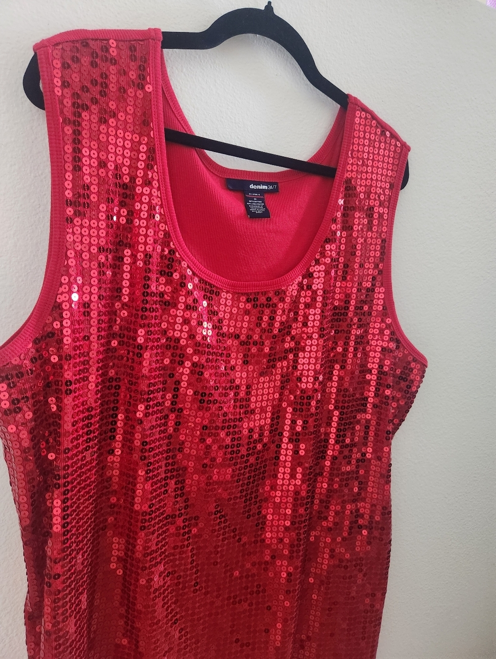 Denim 24/7 Red Sequin Scoop Neck Tank Top - Picture 3 of 5